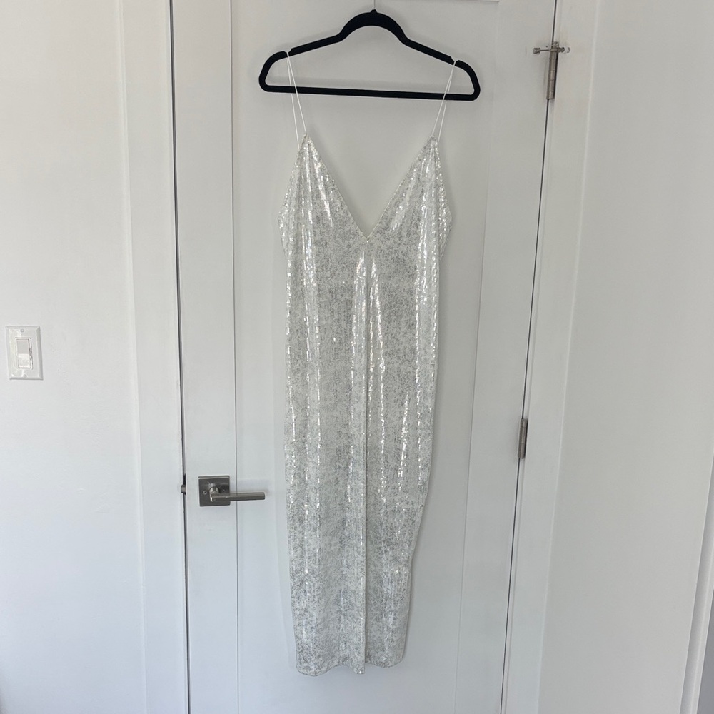 Zara Silver Sequin V-Neck dress with Spaghetti Straps